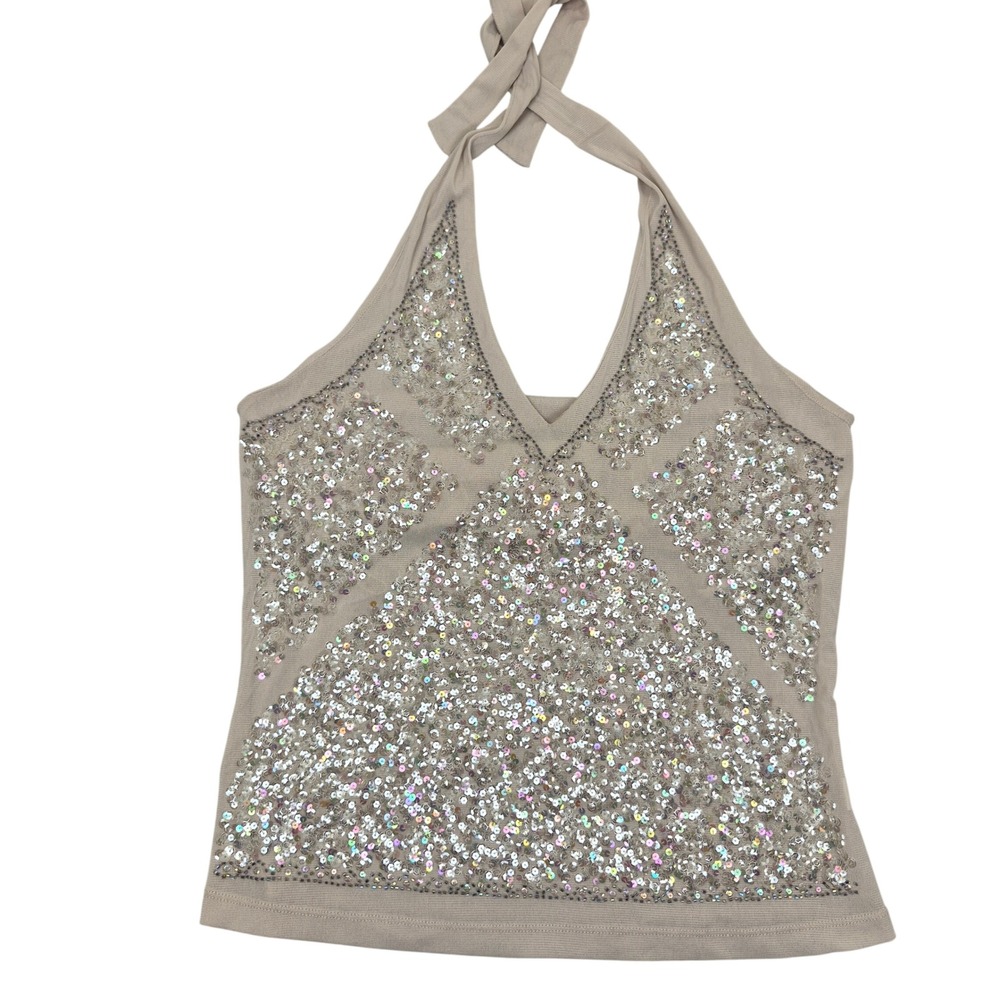 Vintage Y2K Beige Sequin Halter Top V-Neck NEW Glam L Vegas Club Holiday